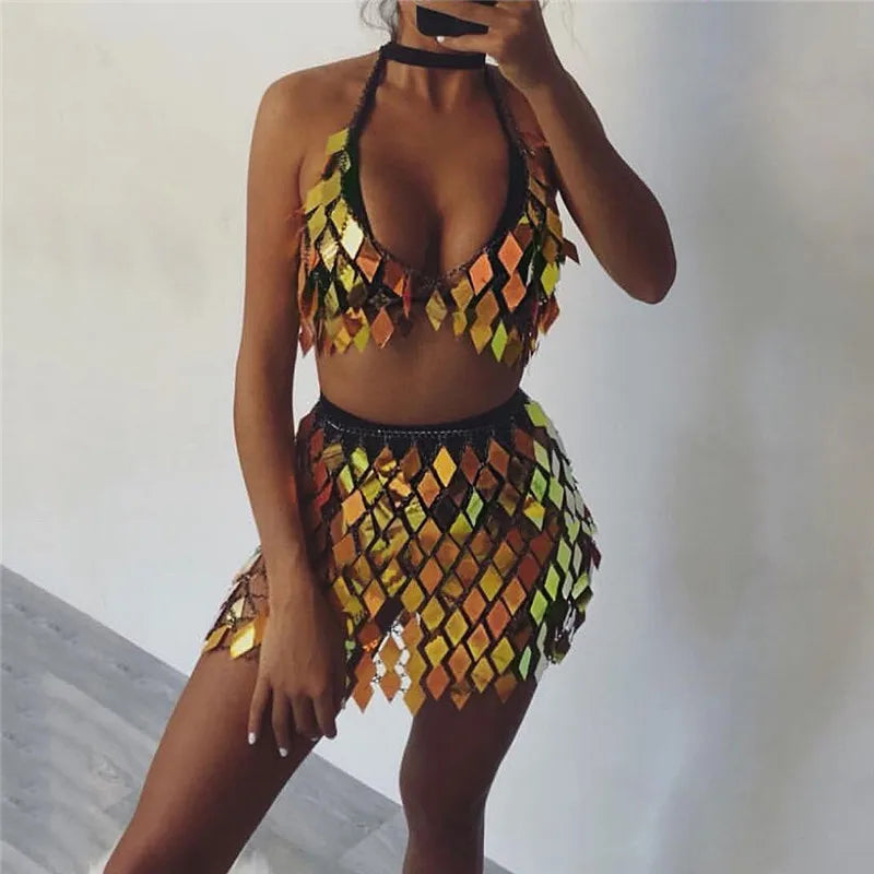 FestivalQueen Women's Sequined Crop Top and Mini Skirt Set Handcrafted Patchwork Party Outfits Clubwear Sexy 2 Pcs