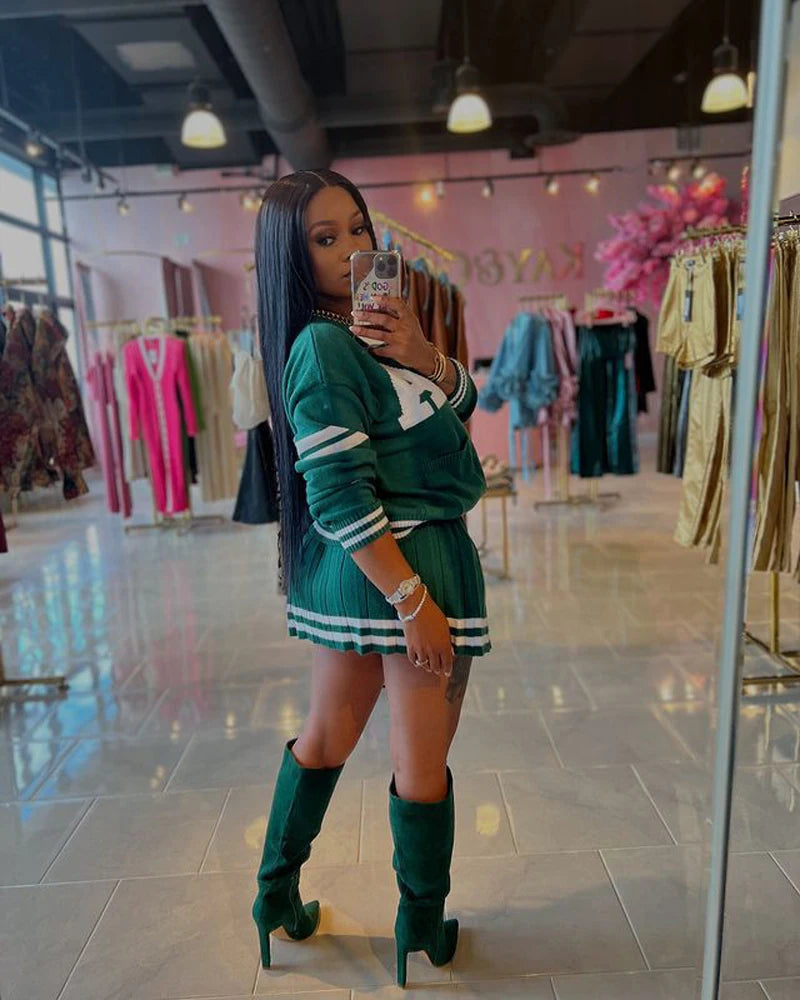 Knit Pleated Sweater Skirts 2 Two Piece Set Trendy Women Clothing Striped Letter Button Cardigan With Matching Mini Skirt Sets