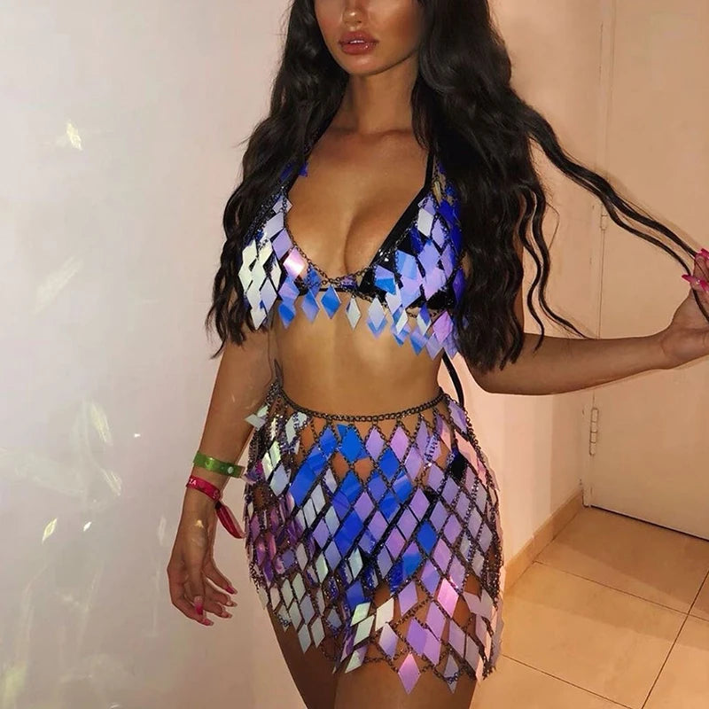 FestivalQueen Women's Sequined Crop Top and Mini Skirt Set Handcrafted Patchwork Party Outfits Clubwear Sexy 2 Pcs