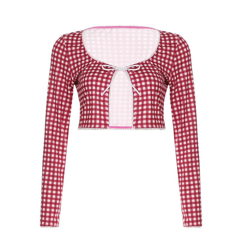 BIIKPIIK Plaid Casual 2 Piece Suits For Women Long Sleeve Lace-up Crop Top Lace Patchwork Middle Pants Spring Summer Pants Sets
