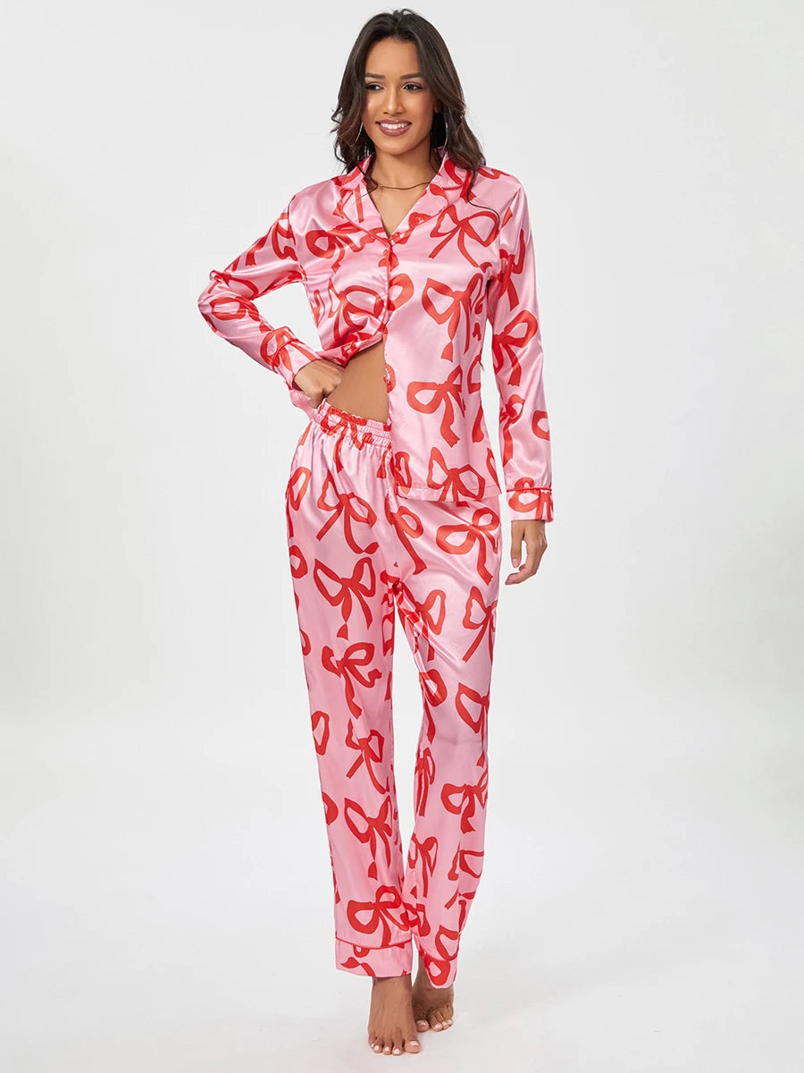 Women s 2 Piece Pajama Set Long Sleeve Lapel Button Up Shirt Tops Bow Print Pants Sleepwear Sets