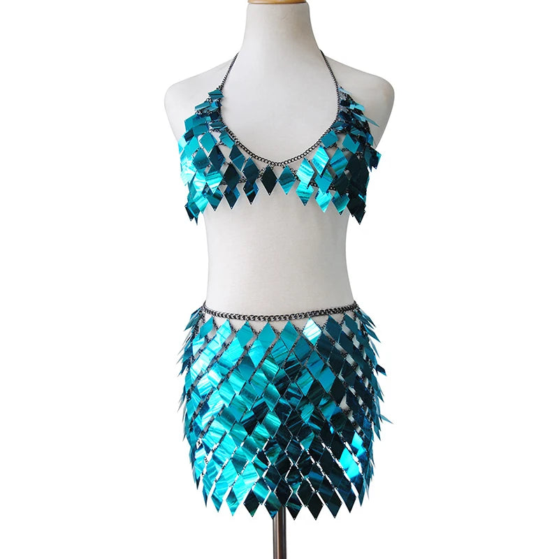 FestivalQueen Women's Sequined Crop Top and Mini Skirt Set Handcrafted Patchwork Party Outfits Clubwear Sexy 2 Pcs