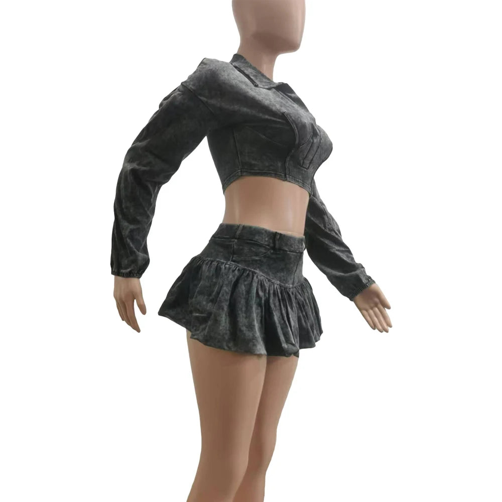 Women 2 Piece Outfits Tracksuit Long Sleeve Washed V-Neck Crop Tops and Bubble Mini Skirts 2024 Fall Active Two Piece Skort Set