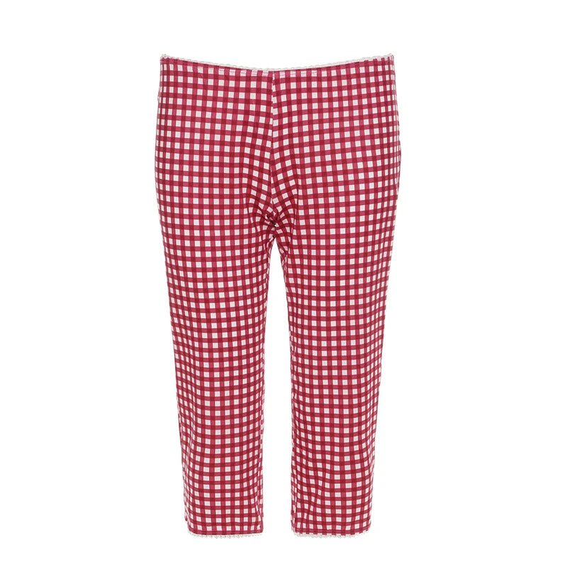 BIIKPIIK Plaid Casual 2 Piece Suits For Women Long Sleeve Lace-up Crop Top Lace Patchwork Middle Pants Spring Summer Pants Sets