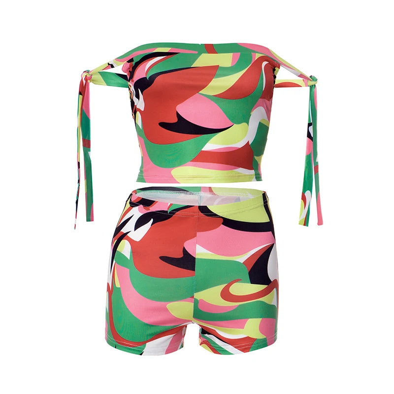 Whatiwear Colorful Print 2 Piece Set Women Bandage Shoulder Straps Crop Tops+Stretch Shorts Vacation Trend Beach Party Outfits