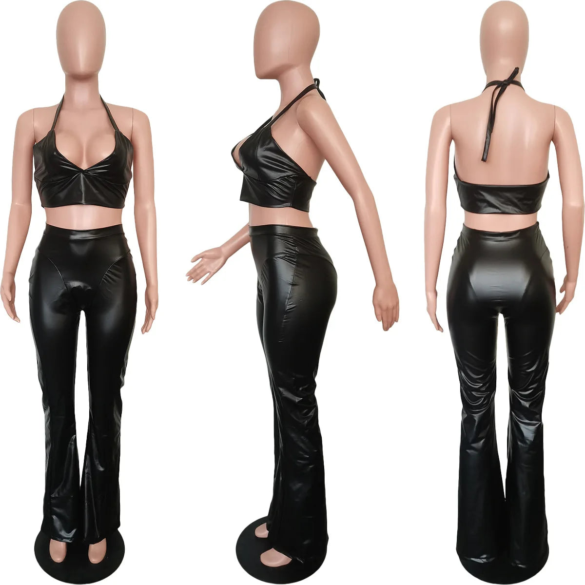 Sexy Black PU Leather Slim Fit Two-piece Set Nightclub Party Outfit Women Halter Crop Top and High Waist Pants Ladies Suit
