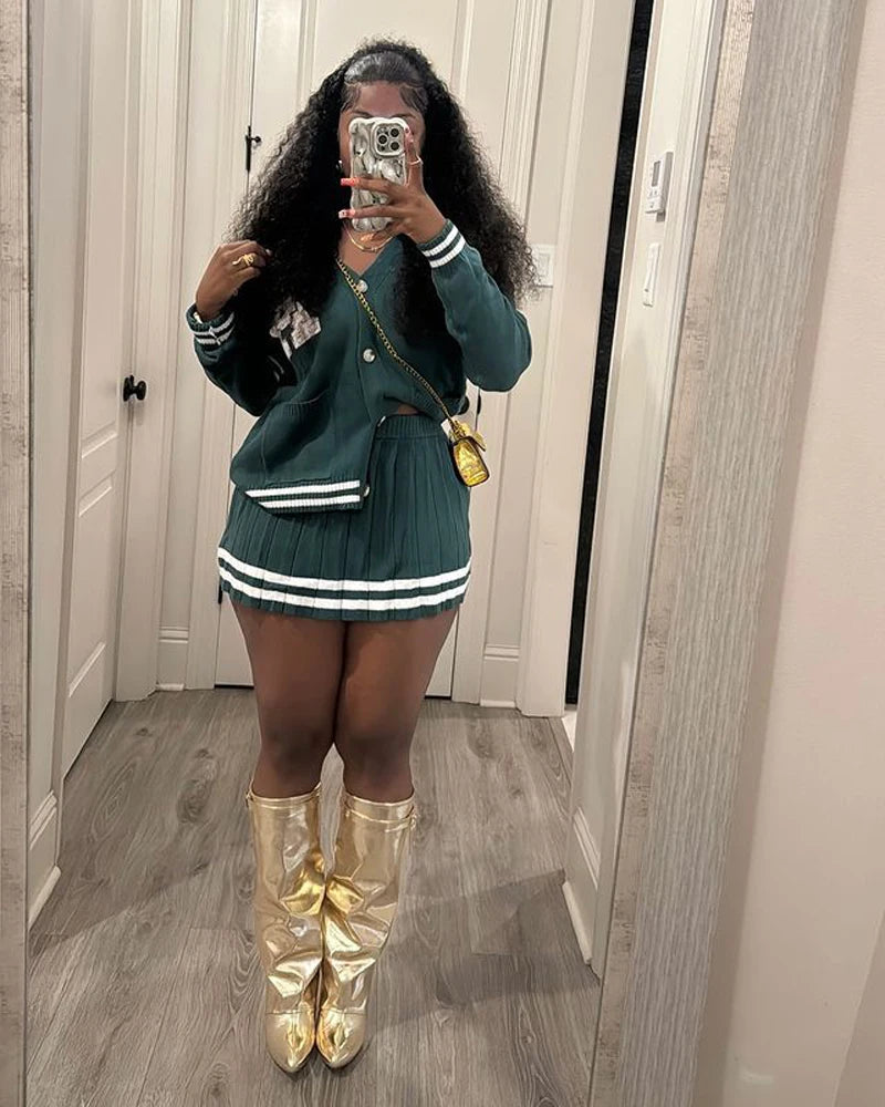 Knit Pleated Sweater Skirts 2 Two Piece Set Trendy Women Clothing Striped Letter Button Cardigan With Matching Mini Skirt Sets