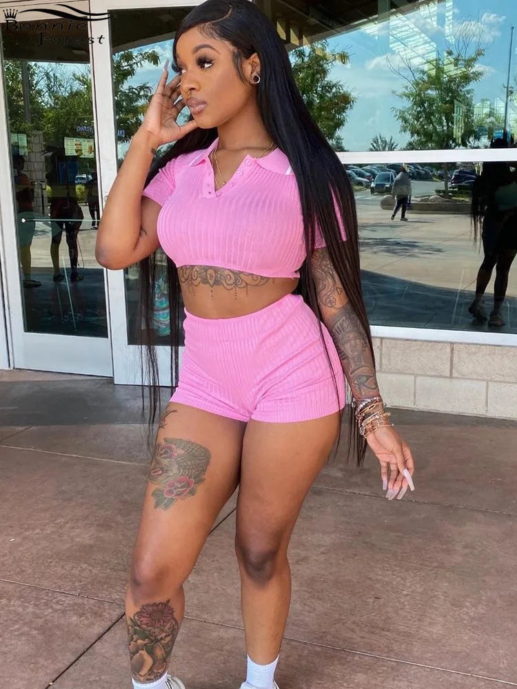 Bonnie Forest Women's Knitted Tracksuits Set Pink Outfits Summer Ribbed Two-Piece Dress Lounge Jogger Set Night Club Outfits