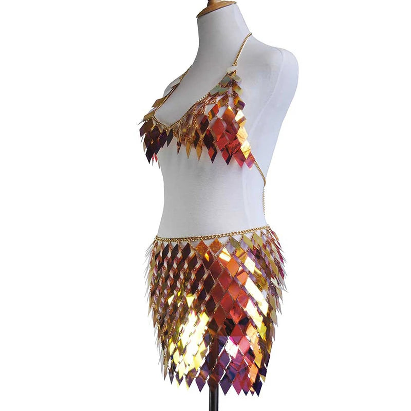 FestivalQueen Women's Sequined Crop Top and Mini Skirt Set Handcrafted Patchwork Party Outfits Clubwear Sexy 2 Pcs