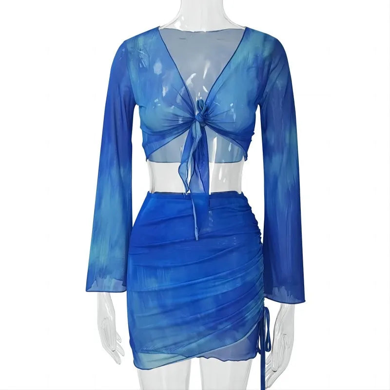 Nsangu Sexy Two Piece Set Blue Tie Dye Mesh Crop Top Cardigan Mini Skirts Beach Wear Vacation Outfits Summer