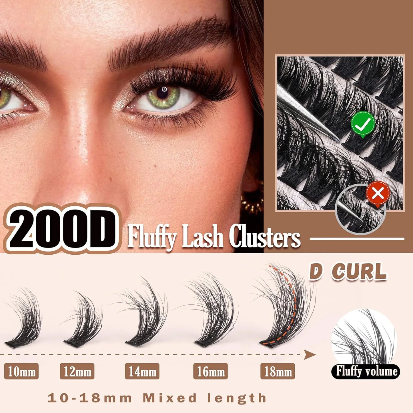 200pcs Individual Lashes 10-18mm 200D Fluffy Thick Lashes Natural Look Mixed DIY Eyelash Extension Volume Lash Clusters Makeup