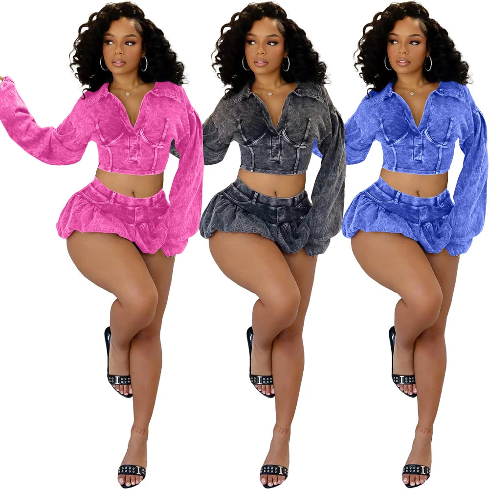 Women 2 Piece Outfits Tracksuit Long Sleeve Washed V-Neck Crop Tops and Bubble Mini Skirts 2024 Fall Active Two Piece Skort Set