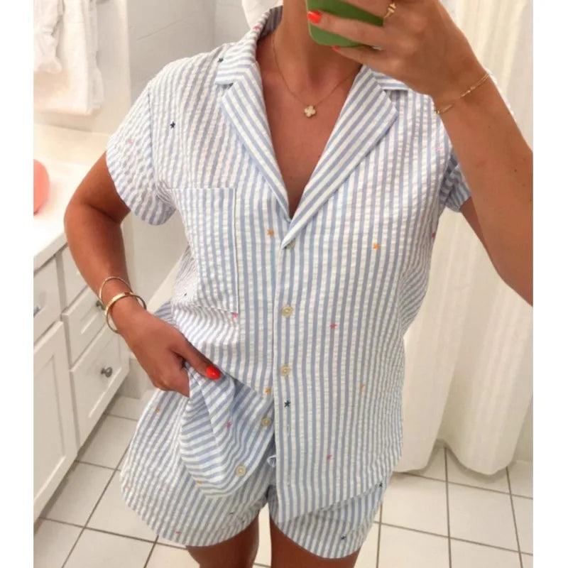 Women's 2 Piece Pajama Set Stripe Printed Short Sleeves Button Shirt And Elastic Waist Pants Cotton Loungewear Soft Sleepwear