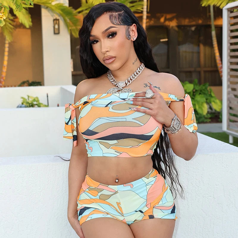 Whatiwear Colorful Print 2 Piece Set Women Bandage Shoulder Straps Crop Tops+Stretch Shorts Vacation Trend Beach Party Outfits