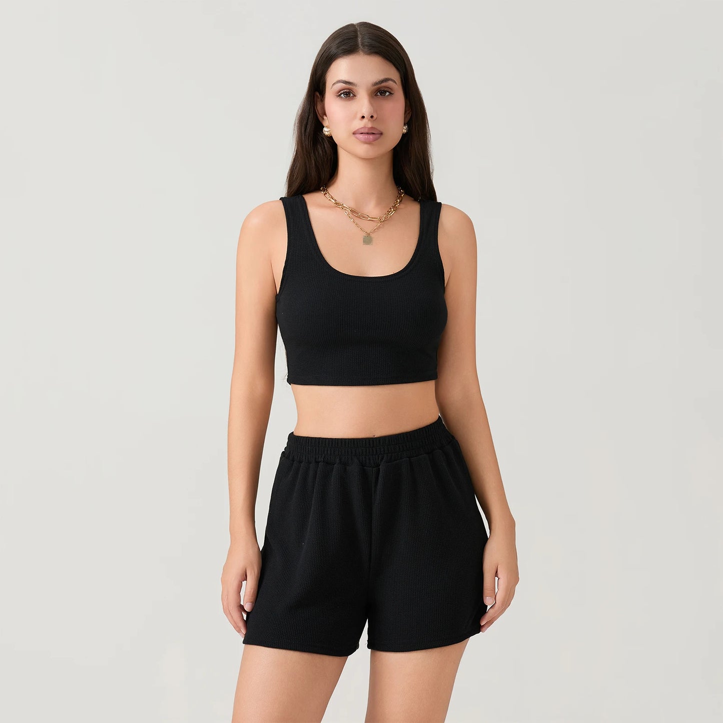 Women's Summer Dailywear 2 Piece Outfits Set Slim Fit Square Neck Crop Tank Tops + Elastic High Waist Wide Leg Shorts Tracksuits