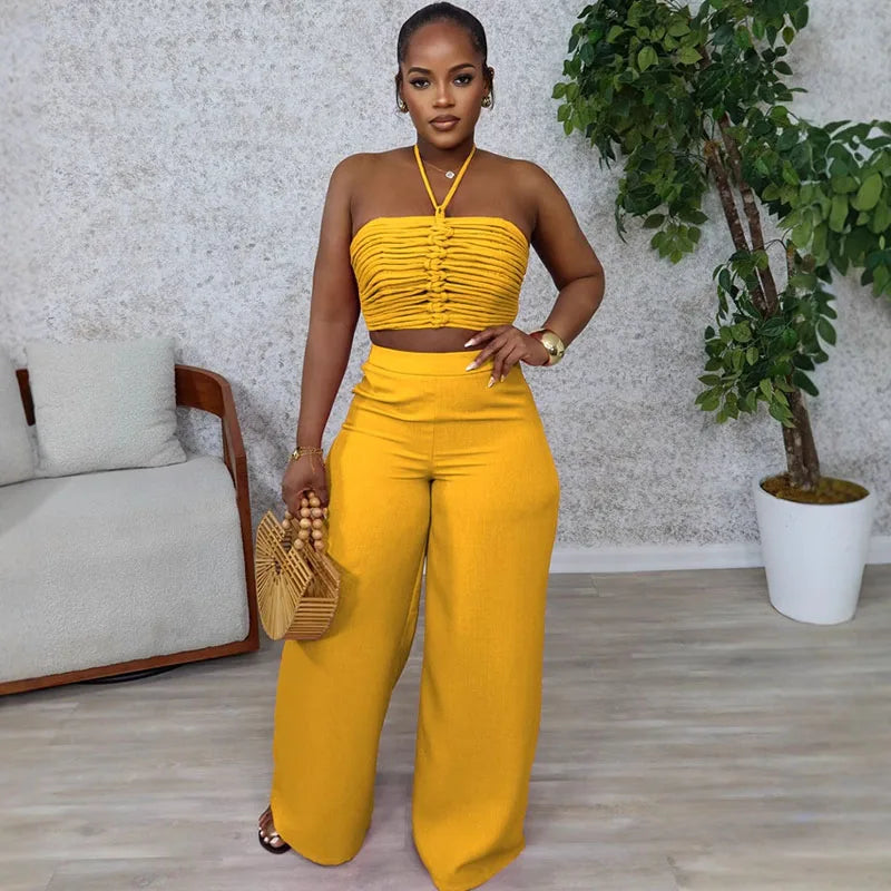 Sexy Night Club Outfits for Women Two Piece Set Elegant Halter Backless Strapless Crop Top and Wide Leg Pants Matching Sets Rave