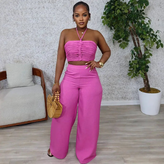 Sexy Night Club Outfits for Women Two Piece Set Elegant Halter Backless Strapless Crop Top and Wide Leg Pants Matching Sets Rave