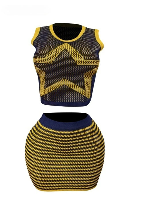 BWQ Knit Ribbed Women's Set Star Sleeveless Tank Tops and Striped Bodycon Midi Mini Skirts Suit 2025 Two 2 Piece Sets Outfit