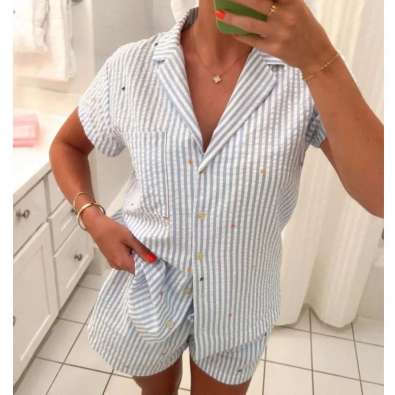 Women's 2 Piece Pajama Set Stripe Printed Short Sleeves Button Shirt And Elastic Waist Pants Cotton Loungewear Soft Sleepwear