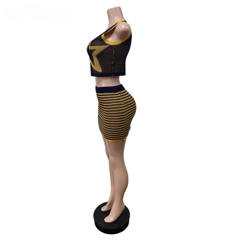 BWQ Knit Ribbed Women's Set Star Sleeveless Tank Tops and Striped Bodycon Midi Mini Skirts Suit 2025 Two 2 Piece Sets Outfit