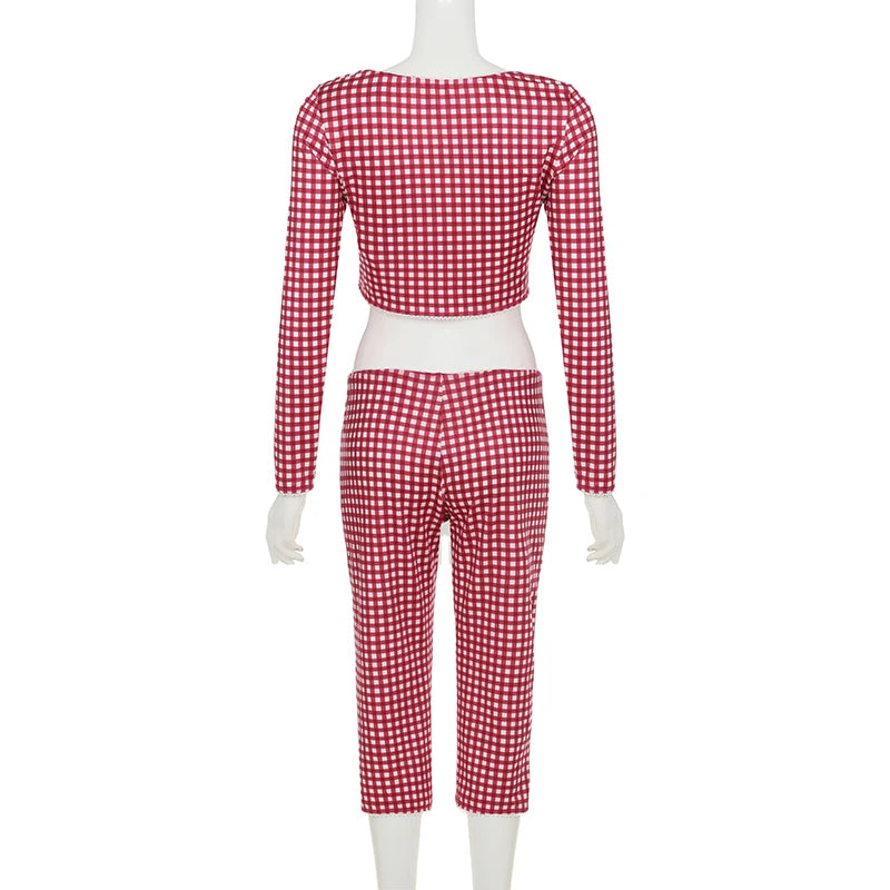 BIIKPIIK Plaid Casual 2 Piece Suits For Women Long Sleeve Lace-up Crop Top Lace Patchwork Middle Pants Spring Summer Pants Sets