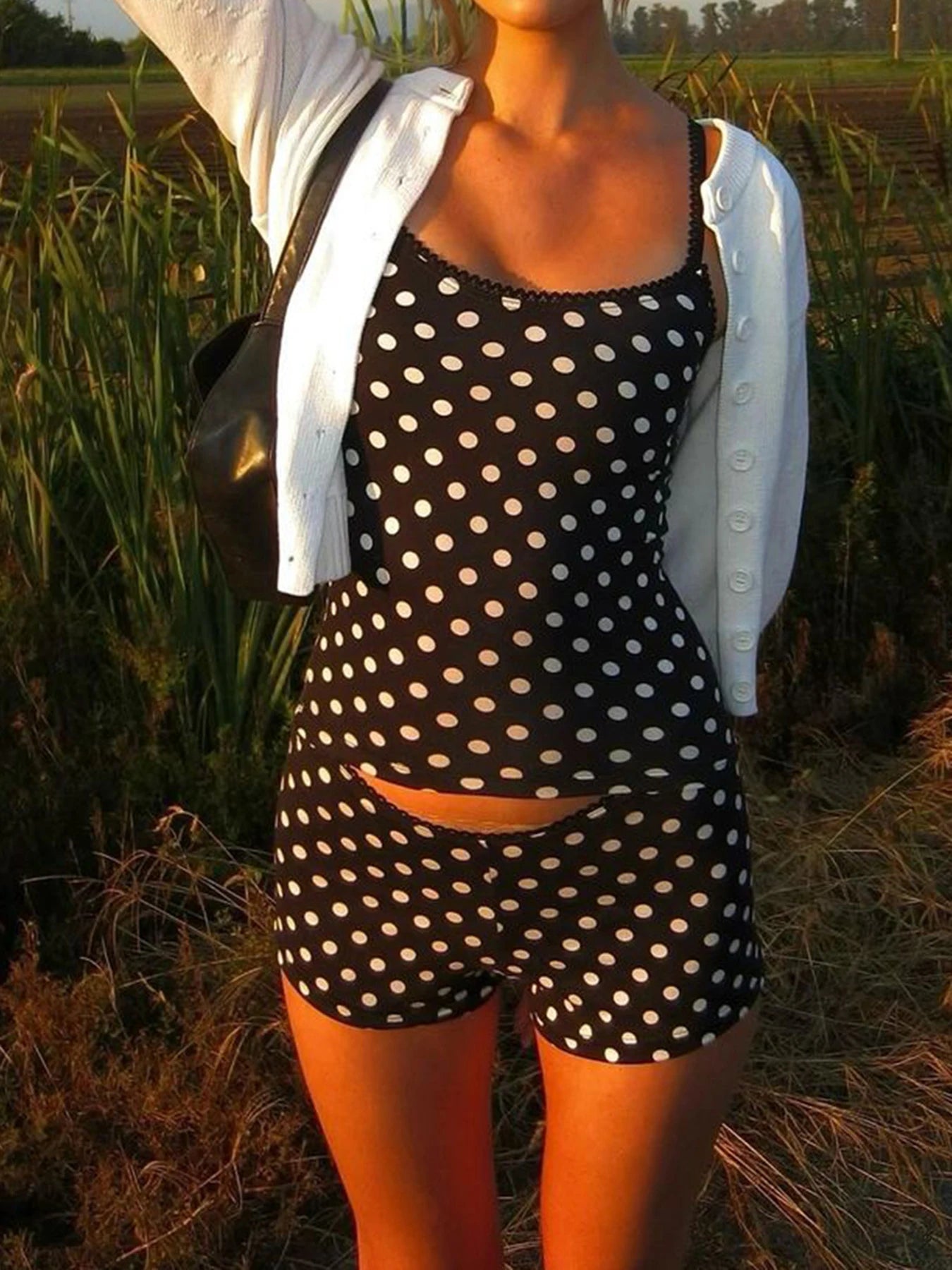 Dot Print Basic Halter Tops Short Women’s Sets Simple Cute Causal 2024s Trendy Clothing Fashion Slim