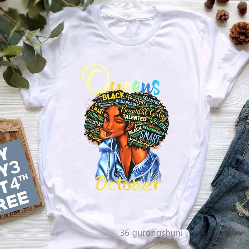 This Queen Was Born In October Graphic Print T Shirt Girls Leopard Shoe Happy Birthday Tshirt Women Harajuku Shirt Streetwear