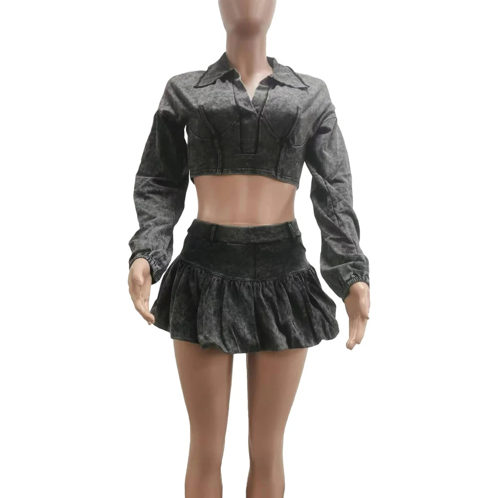 Women 2 Piece Outfits Tracksuit Long Sleeve Washed V-Neck Crop Tops and Bubble Mini Skirts 2024 Fall Active Two Piece Skort Set