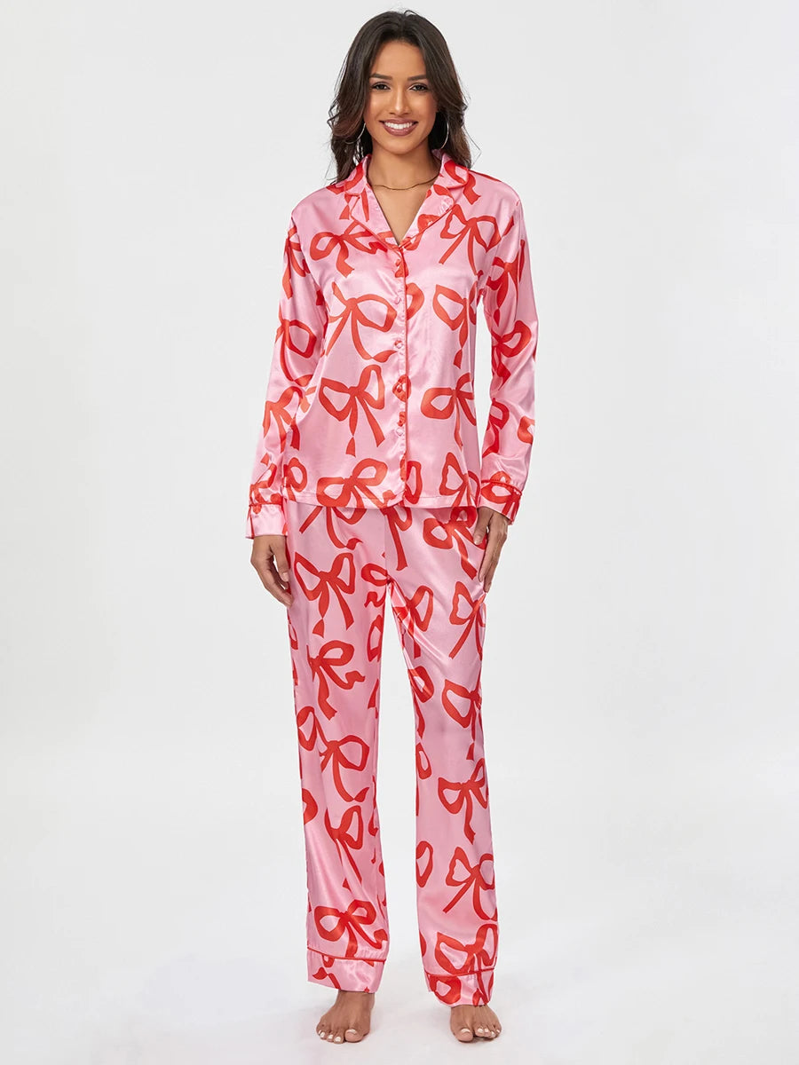 Women s 2 Piece Pajama Set Long Sleeve Lapel Button Up Shirt Tops Bow Print Pants Sleepwear Sets