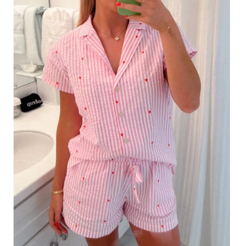 Women's 2 Piece Pajama Set Stripe Printed Short Sleeves Button Shirt And Elastic Waist Pants Cotton Loungewear Soft Sleepwear