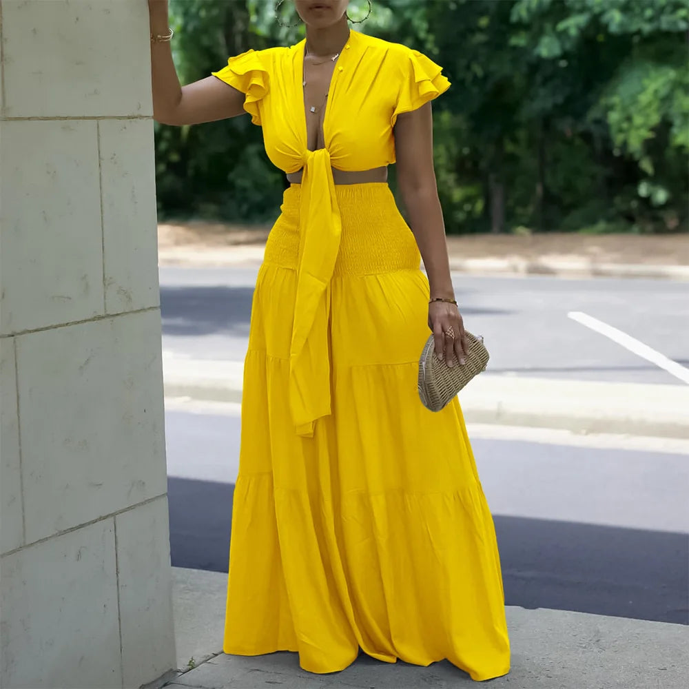 Women 2 Pieces Skirts Sets Solid Blouse Short Sleeve Deep V Neck & Long SKirts Loose Floor Length Elegant Birthday Party Clothes