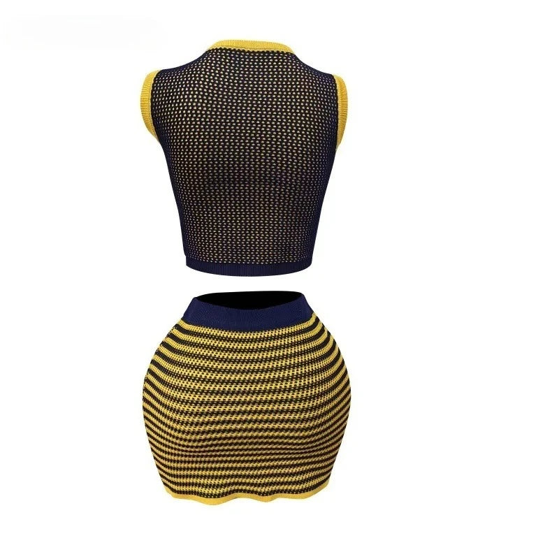 BWQ Knit Ribbed Women's Set Star Sleeveless Tank Tops and Striped Bodycon Midi Mini Skirts Suit 2025 Two 2 Piece Sets Outfit