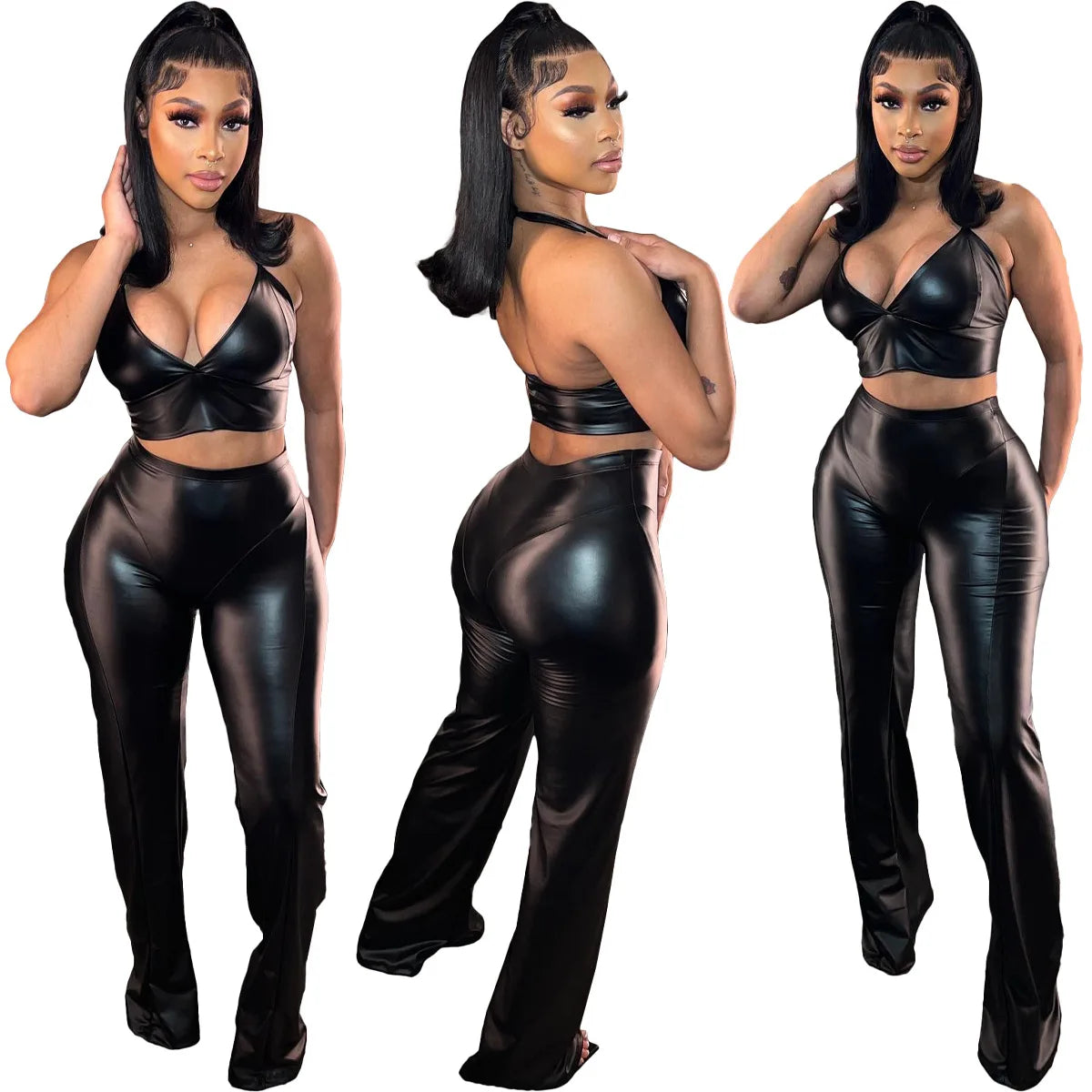 Sexy Black PU Leather Slim Fit Two-piece Set Nightclub Party Outfit Women Halter Crop Top and High Waist Pants Ladies Suit