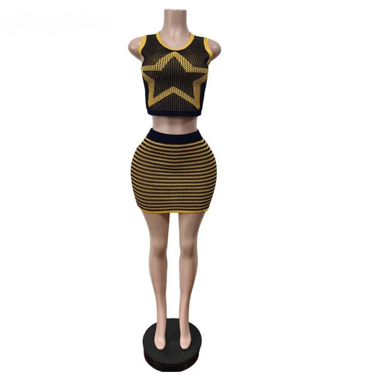 BWQ Knit Ribbed Women's Set Star Sleeveless Tank Tops and Striped Bodycon Midi Mini Skirts Suit 2025 Two 2 Piece Sets Outfit
