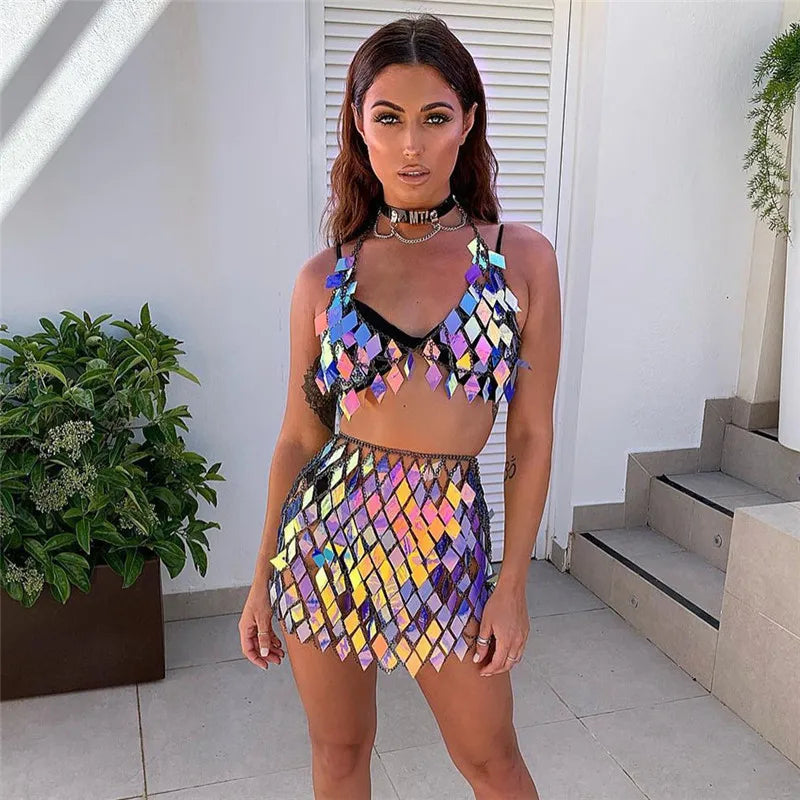 FestivalQueen Women's Sequined Crop Top and Mini Skirt Set Handcrafted Patchwork Party Outfits Clubwear Sexy 2 Pcs