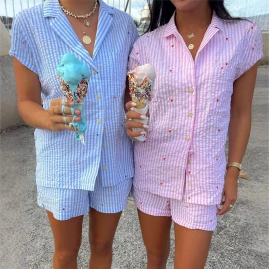 Women's 2 Piece Pajama Set Stripe Printed Short Sleeves Button Shirt And Elastic Waist Pants Cotton Loungewear Soft Sleepwear