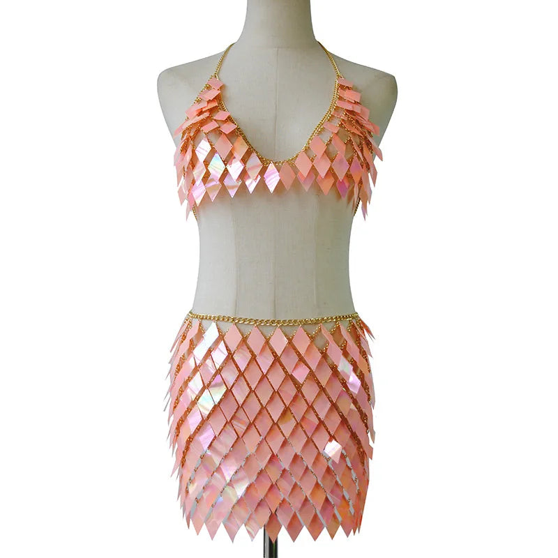 FestivalQueen Women's Sequined Crop Top and Mini Skirt Set Handcrafted Patchwork Party Outfits Clubwear Sexy 2 Pcs