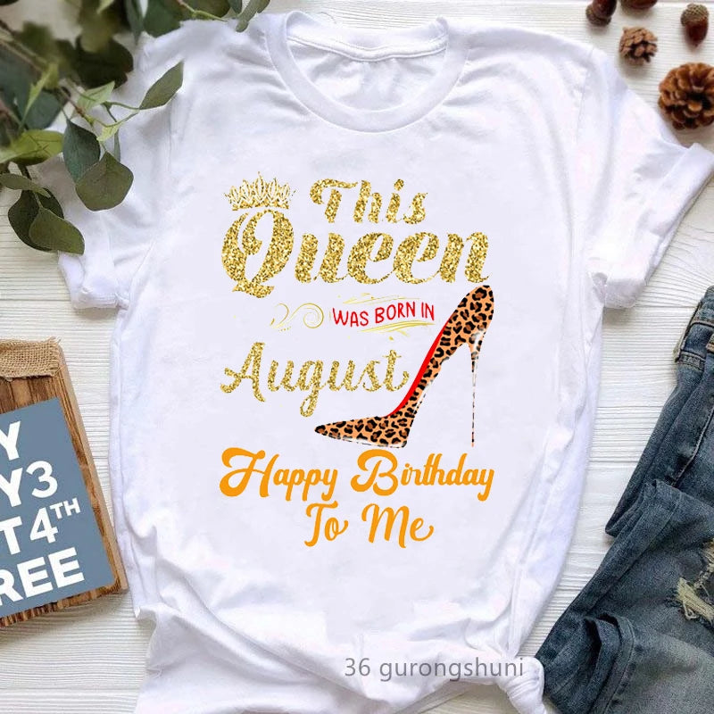 This Queen Was Born In October Graphic Print T Shirt Girls Leopard Shoe Happy Birthday Tshirt Women Harajuku Shirt Streetwear