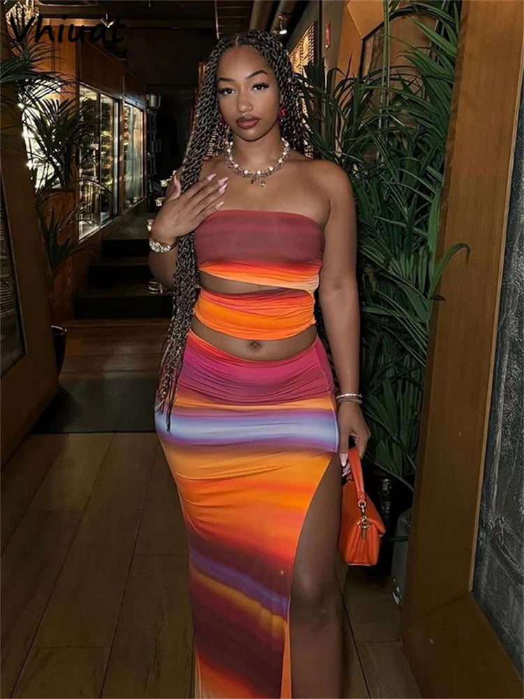 Vhiuat Gradient 2 Piece Matching Sets Hollow Out Cropped Tops+Bodycon Long Skirt Women Summer 2025 Beach Party Holiday Outfits