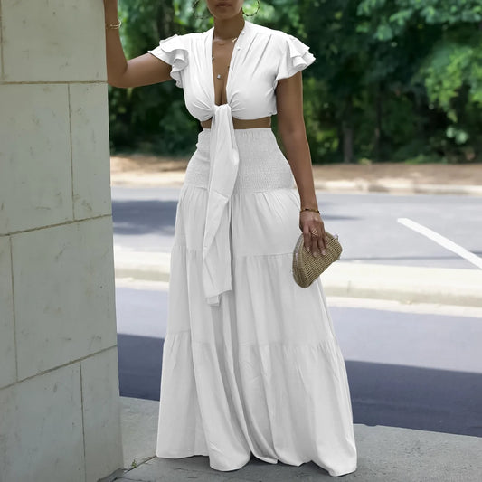 Women 2 Pieces Skirts Sets Solid Blouse Short Sleeve Deep V Neck & Long SKirts Loose Floor Length Elegant Birthday Party Clothes