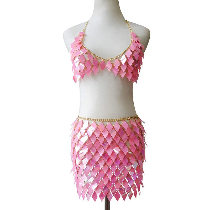 FestivalQueen Women's Sequined Crop Top and Mini Skirt Set Handcrafted Patchwork Party Outfits Clubwear Sexy 2 Pcs