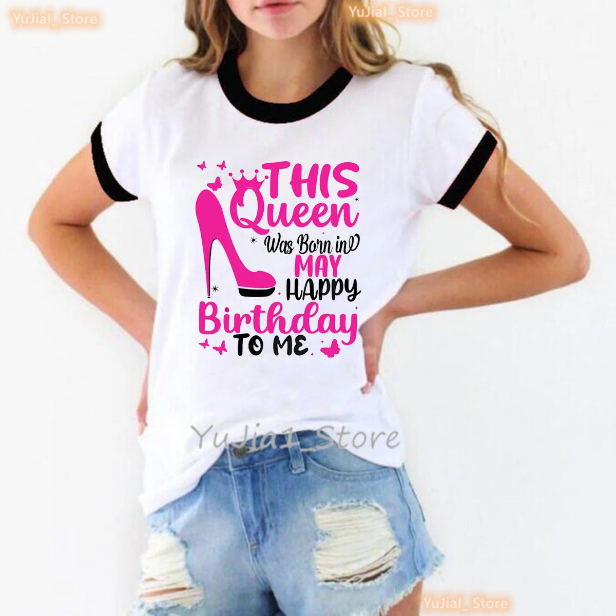 This Queen Was Born In May Happy Birthday To Me Print T Shirt Women Crown Butterfly High Shoes Tshirt Femme Summer Tops Tee