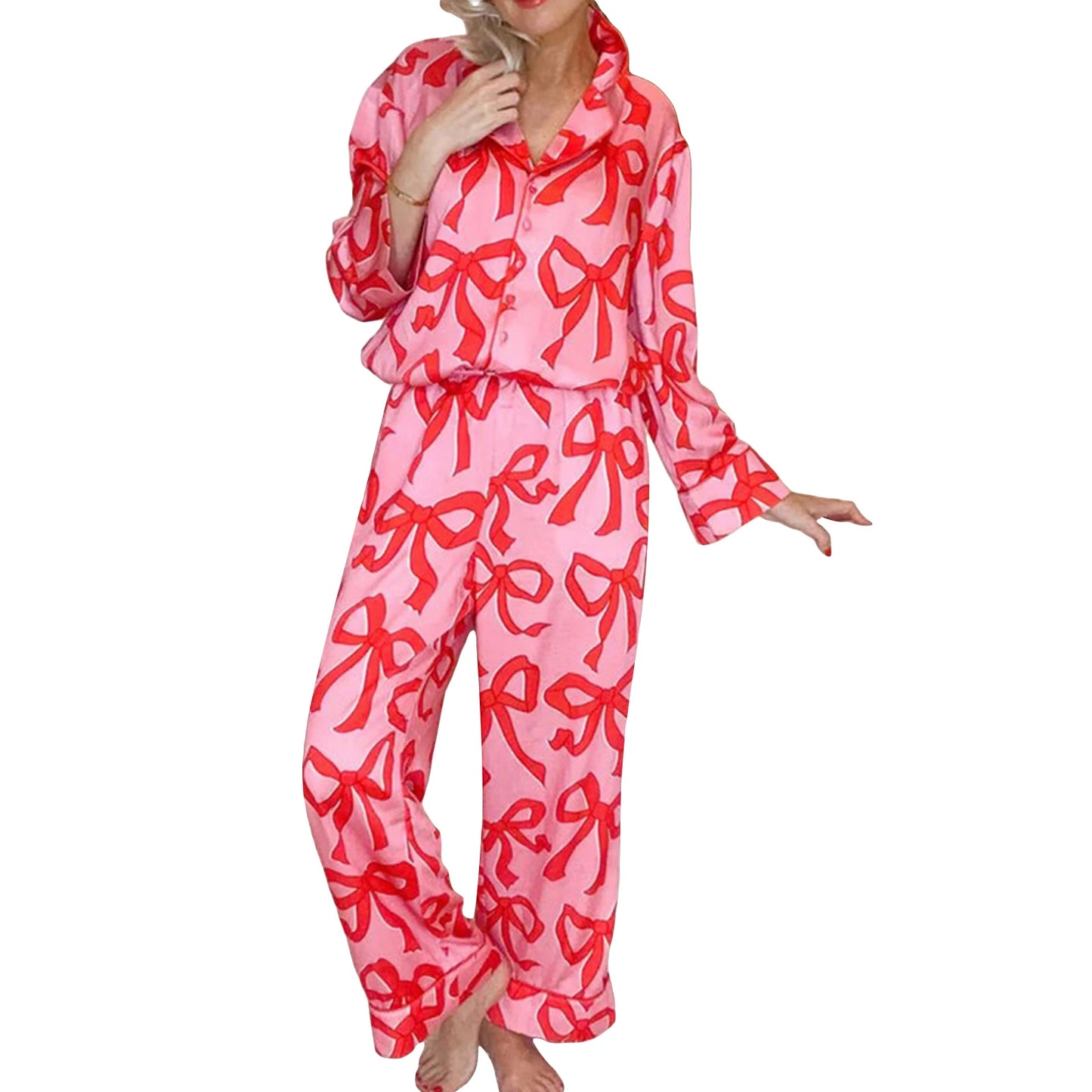 Women s 2 Piece Pajama Set Long Sleeve Lapel Button Up Shirt Tops Bow Print Pants Sleepwear Sets