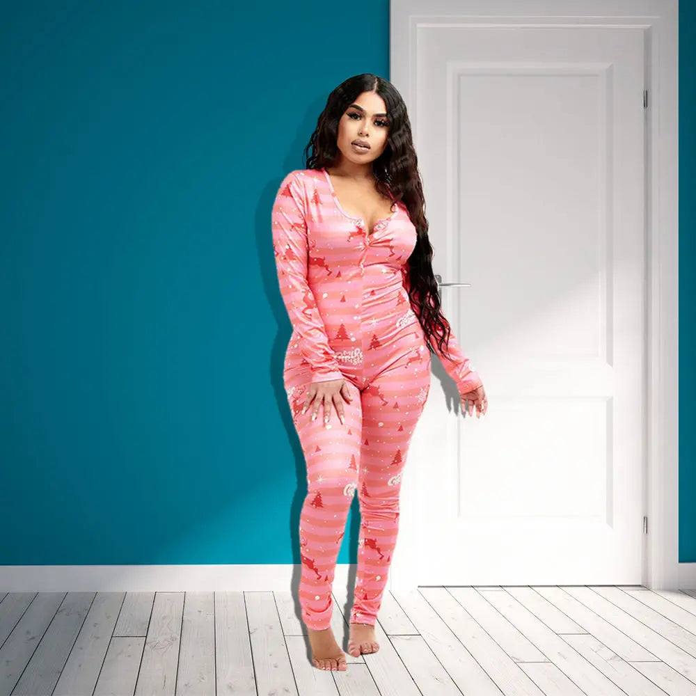 Onesie Women Fashion Love Heart Print Button Women Jumpsuit Sexy V-Neck Winter Long Sleeve Pijamas Valentines Day Gift Sleepwear