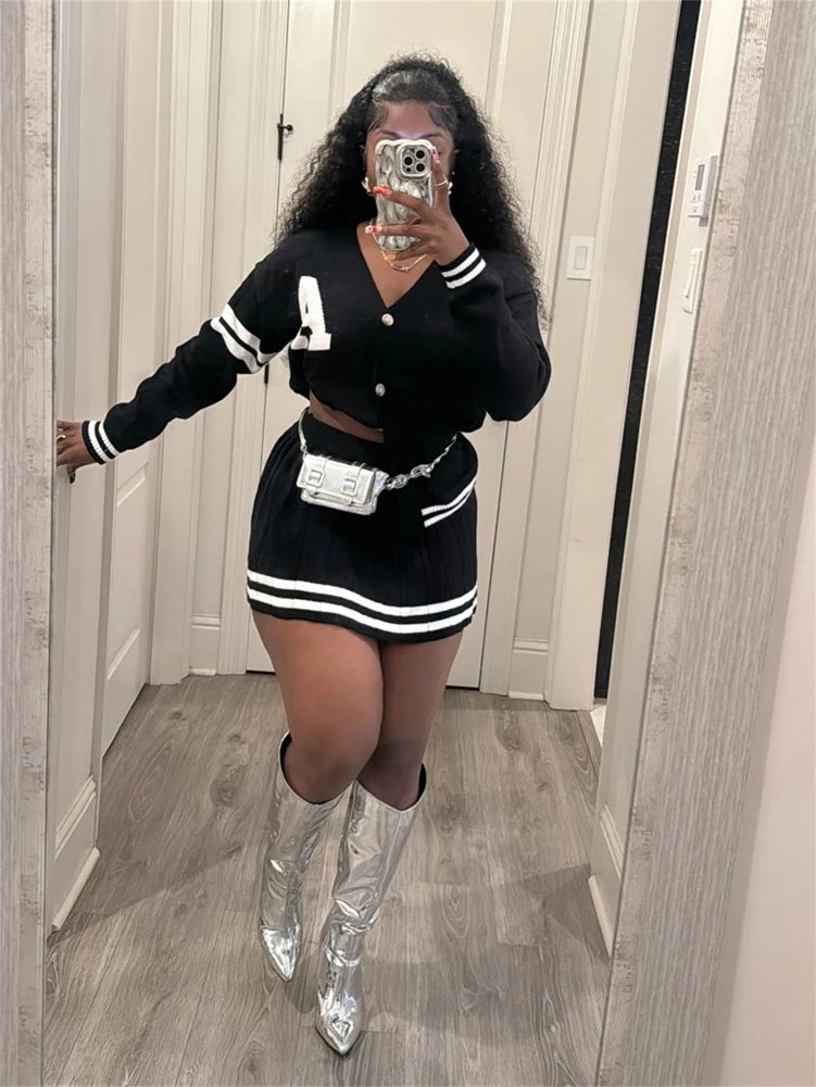 Knit Pleated Sweater Skirts 2 Two Piece Set Trendy Women Clothing Striped Letter Button Cardigan With Matching Mini Skirt Sets