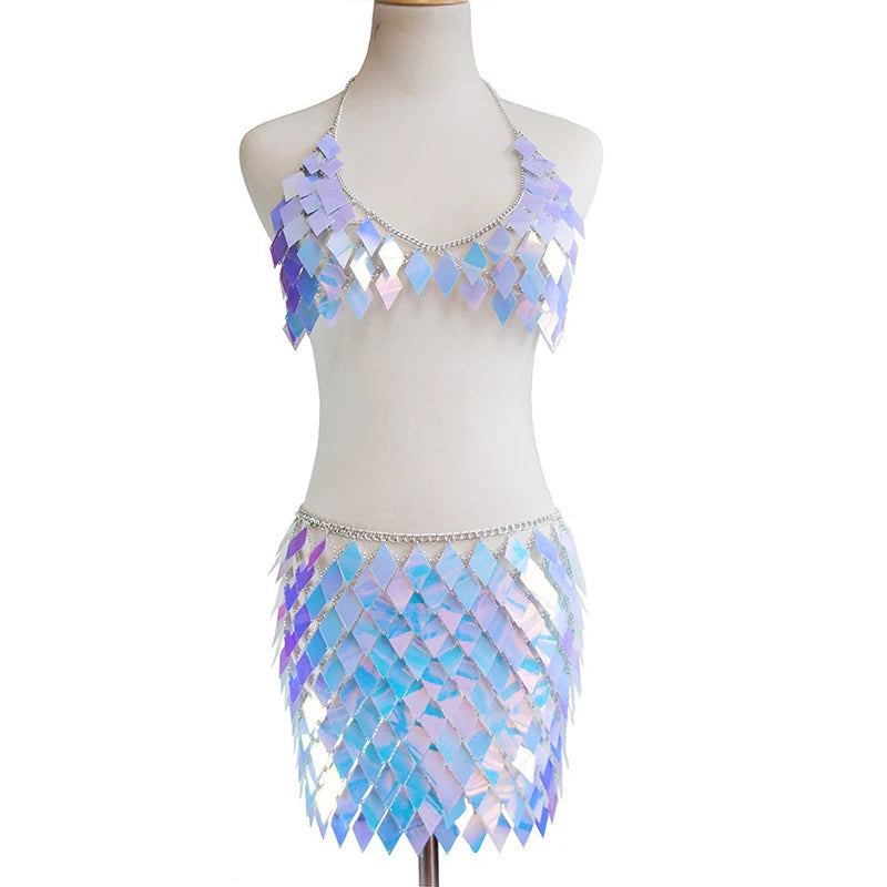 FestivalQueen Women's Sequined Crop Top and Mini Skirt Set Handcrafted Patchwork Party Outfits Clubwear Sexy 2 Pcs