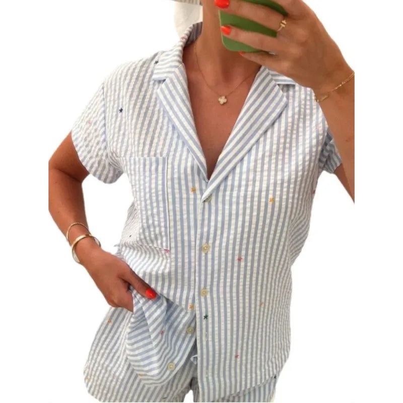 Women's 2 Piece Pajama Set Stripe Printed Short Sleeves Button Shirt And Elastic Waist Pants Cotton Loungewear Soft Sleepwear