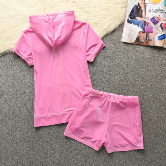 Velvet Velour Shorts Tracksuit Two Piece Sets Women Outfit Short Sleeve Top and Short Sets Elegant Women's Sets