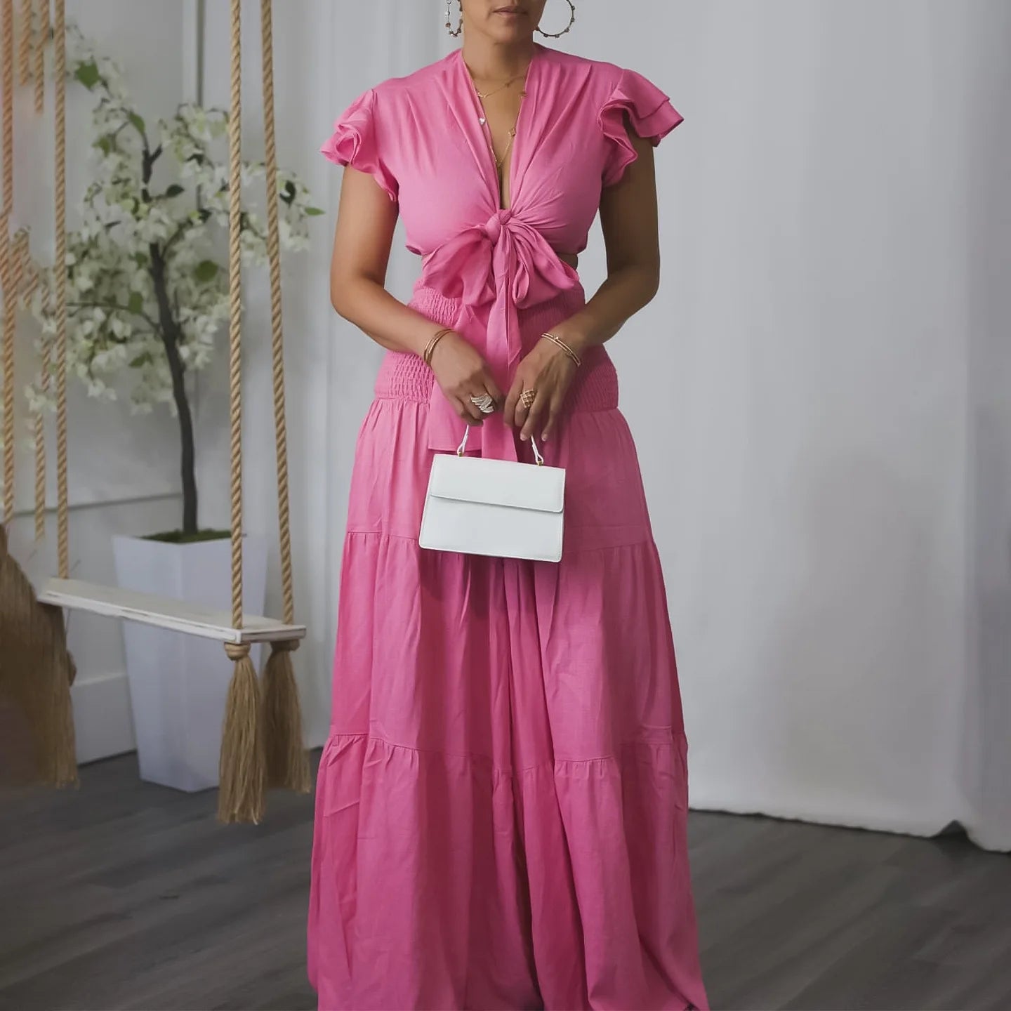 Women 2 Pieces Skirts Sets Solid Blouse Short Sleeve Deep V Neck & Long SKirts Loose Floor Length Elegant Birthday Party Clothes