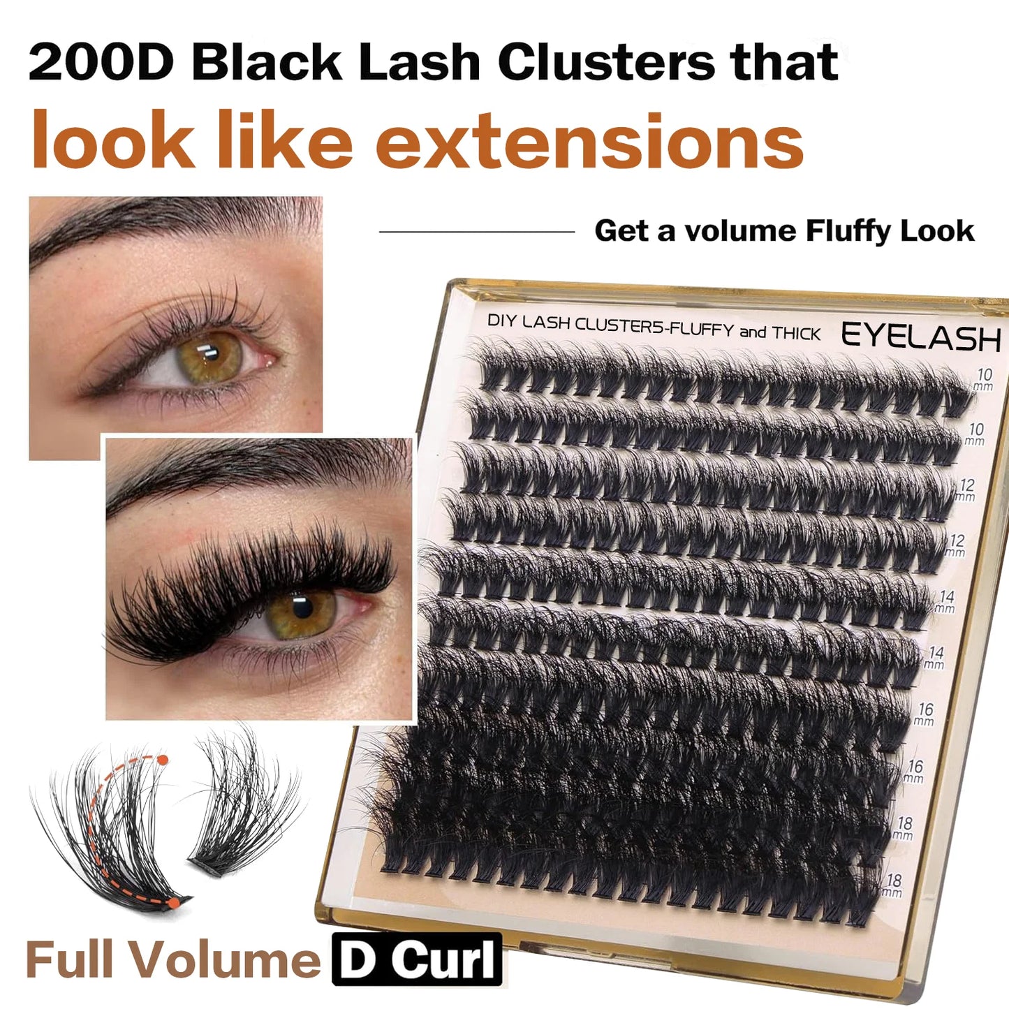 200pcs Individual Lashes 10-18mm 200D Fluffy Thick Lashes Natural Look Mixed DIY Eyelash Extension Volume Lash Clusters Makeup